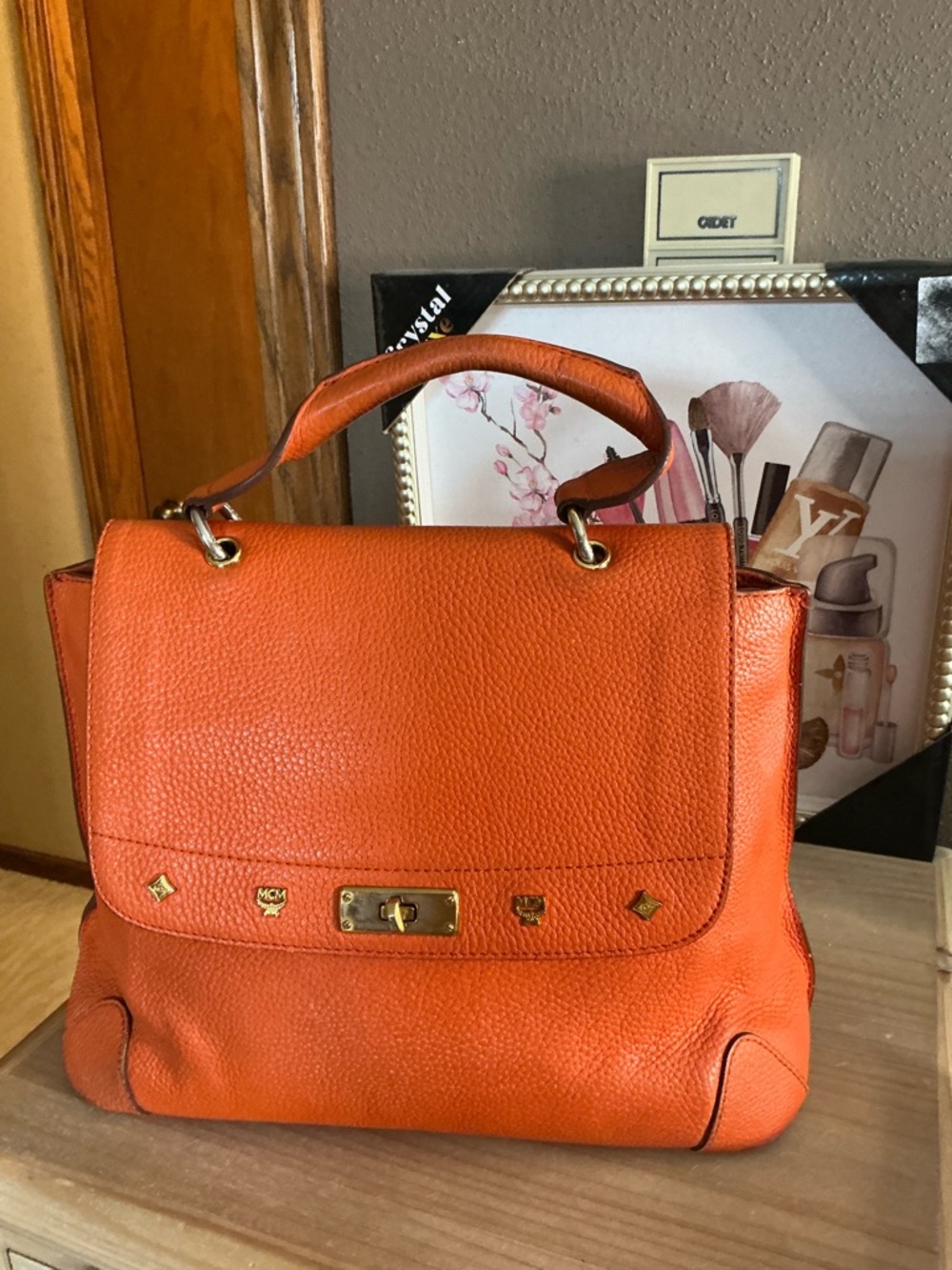 MCM Pebbled Leather Studded Handle Satchel | Rare Flap Bag Turn Lock